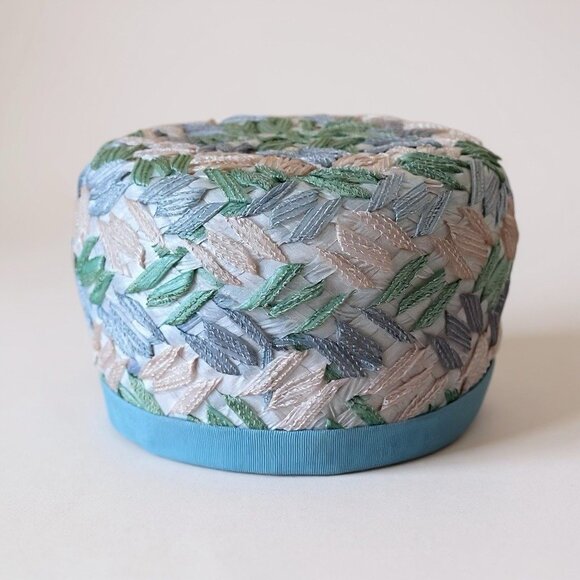 Vintage 1960s Womens Dress Hat Raffia Ribbon Woven Pastels Easter Wedding Derby - Picture 4 of 16